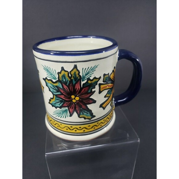 Talavera Pottery Coffee Mug Puebla Mexico Poinsettia Christmas Hand Painted - Picture 2 of 15